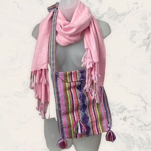 Serape Handmade Crossbody Bag and Cotton Pink Scarf Bundle - One Size - Pink/ Pu